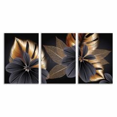 Dekoratif Altın Çiçekler Minimal 3lü Set Tablosu - MNT106